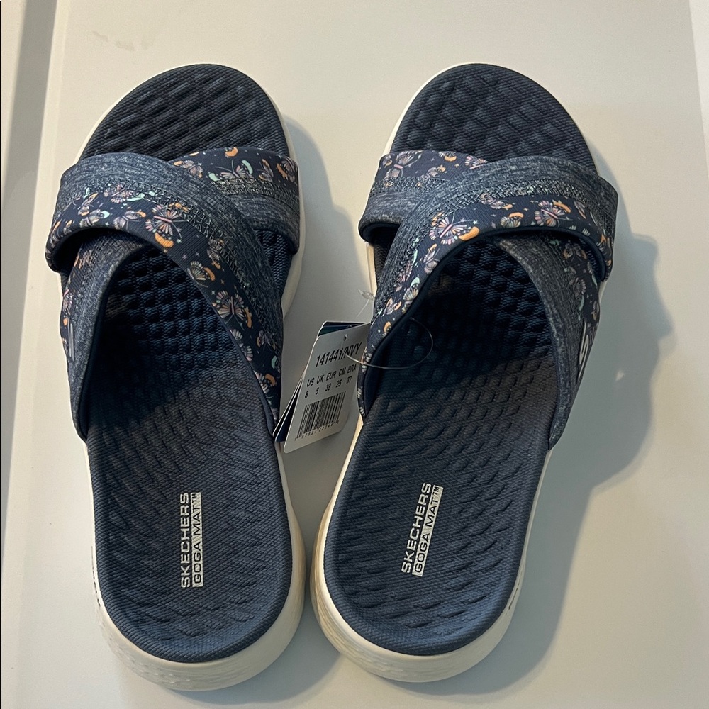 Skechers Women’s Blue Floral Slide Sandals